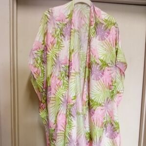 NWOT, Floral Kimono, Vest with Pink and Green Leaves